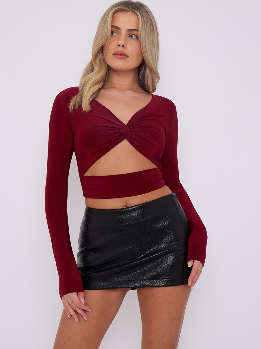 Long Sleeves Twist Knot Cut Out Crop Top