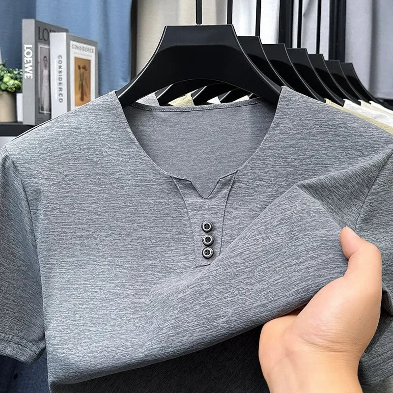 Men’s Three-Button V-Neck T-Shirt – Short Sleeve Top