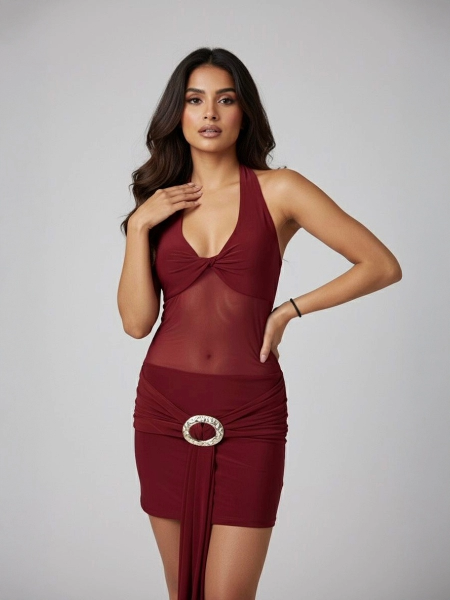 Halter Neck Mesh Bodycon Dress With Drape Detail
