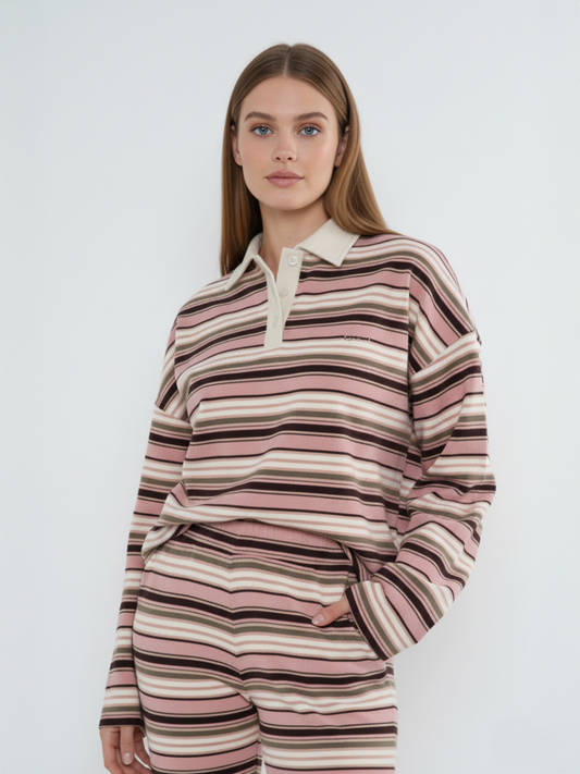 Rugby Collar Stripe Sweatshirt & Trouser Set
