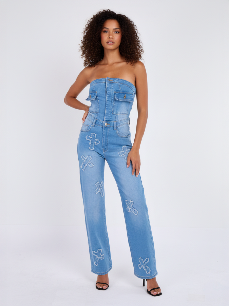 Cross Patch Bandeau Denim Jumpsuit