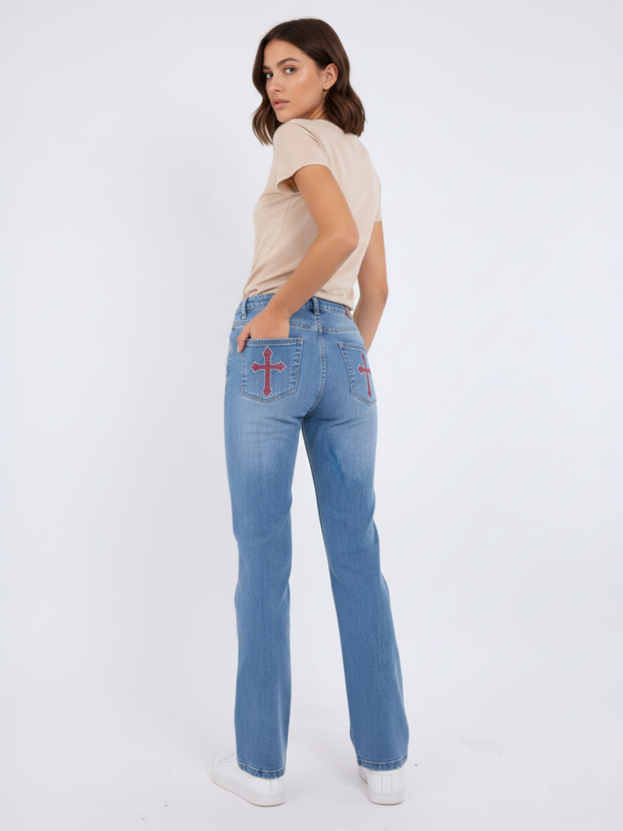 Straight Leg Denim Jeans With Cross Detail