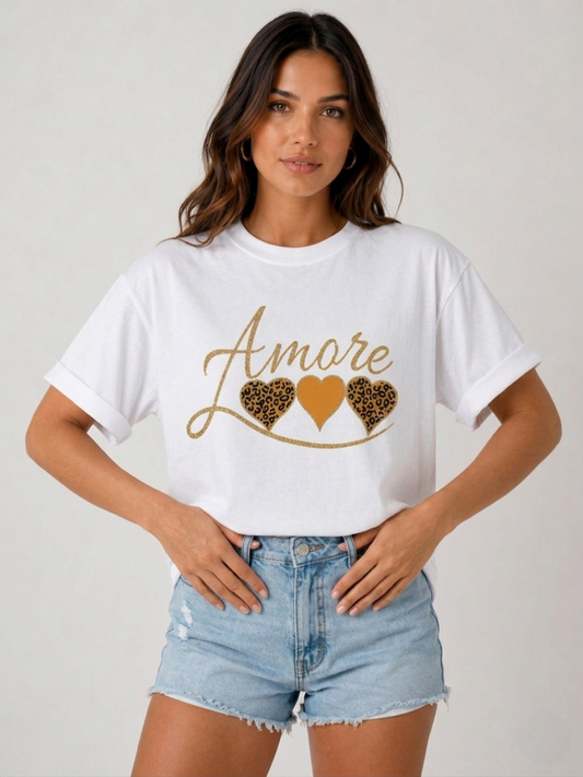 Amore Leopard Heart Graphic Design T-Shirt