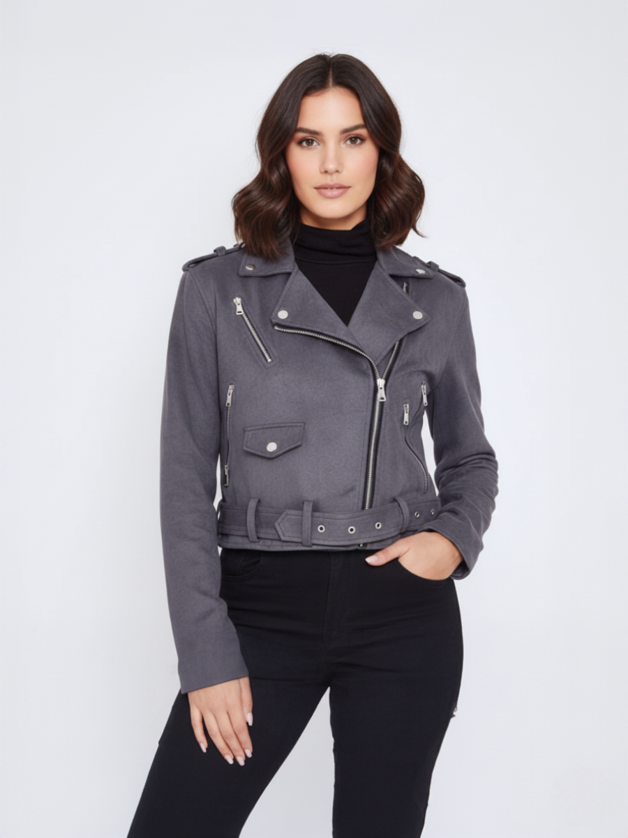 Faux Suede Cropped Biker Jacket With Belt
