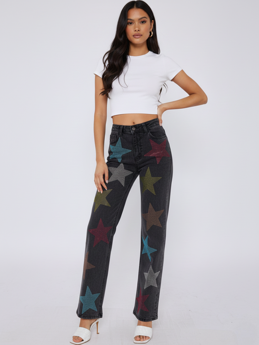 Diamante Star Studded Front Straight Leg Denim Jeans