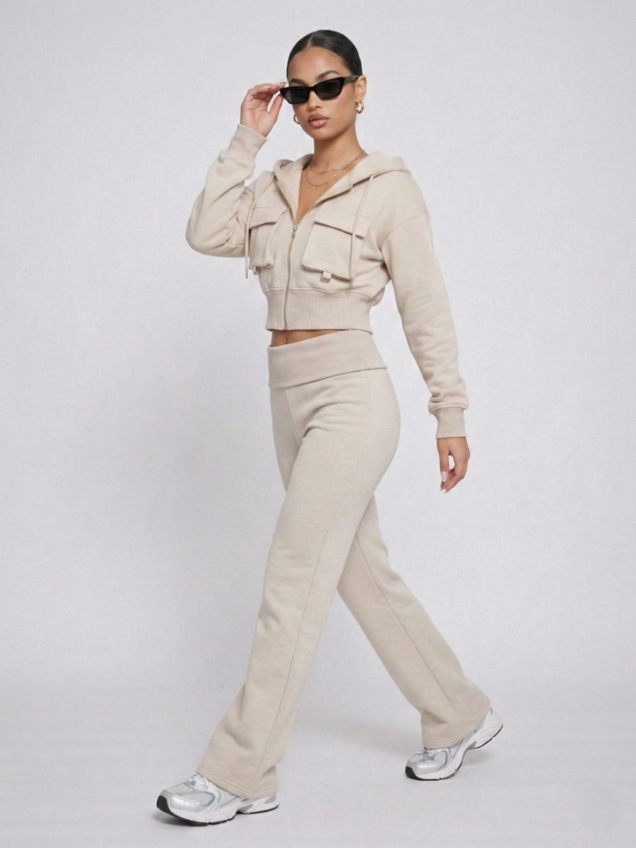 Front Pocket Hooded Top & Fold Over Waist Trouser Fleece Set
