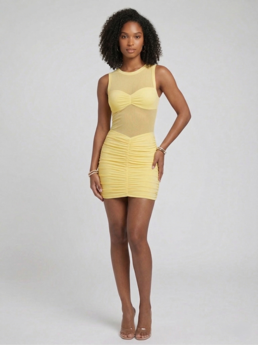 High Neck Mesh Bodycon Ruched Dress