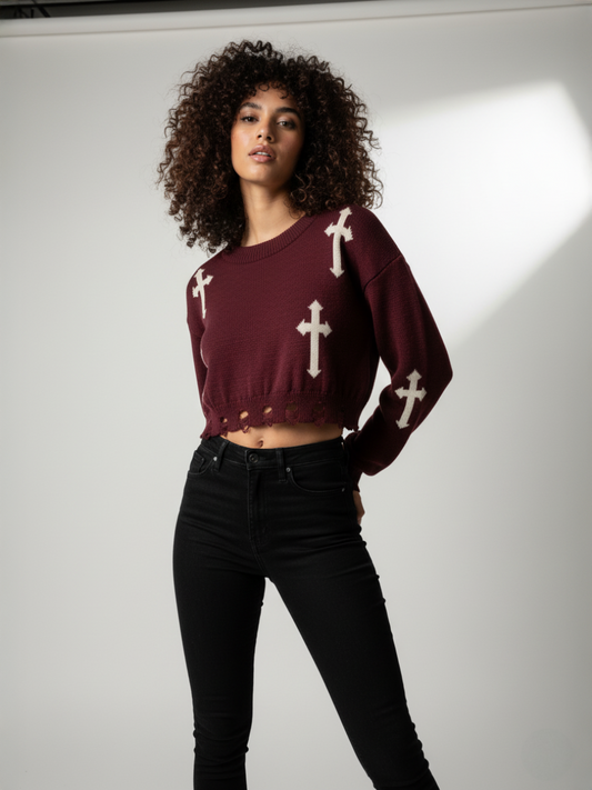 Crucifix Detail Knitted Cropped Jumper