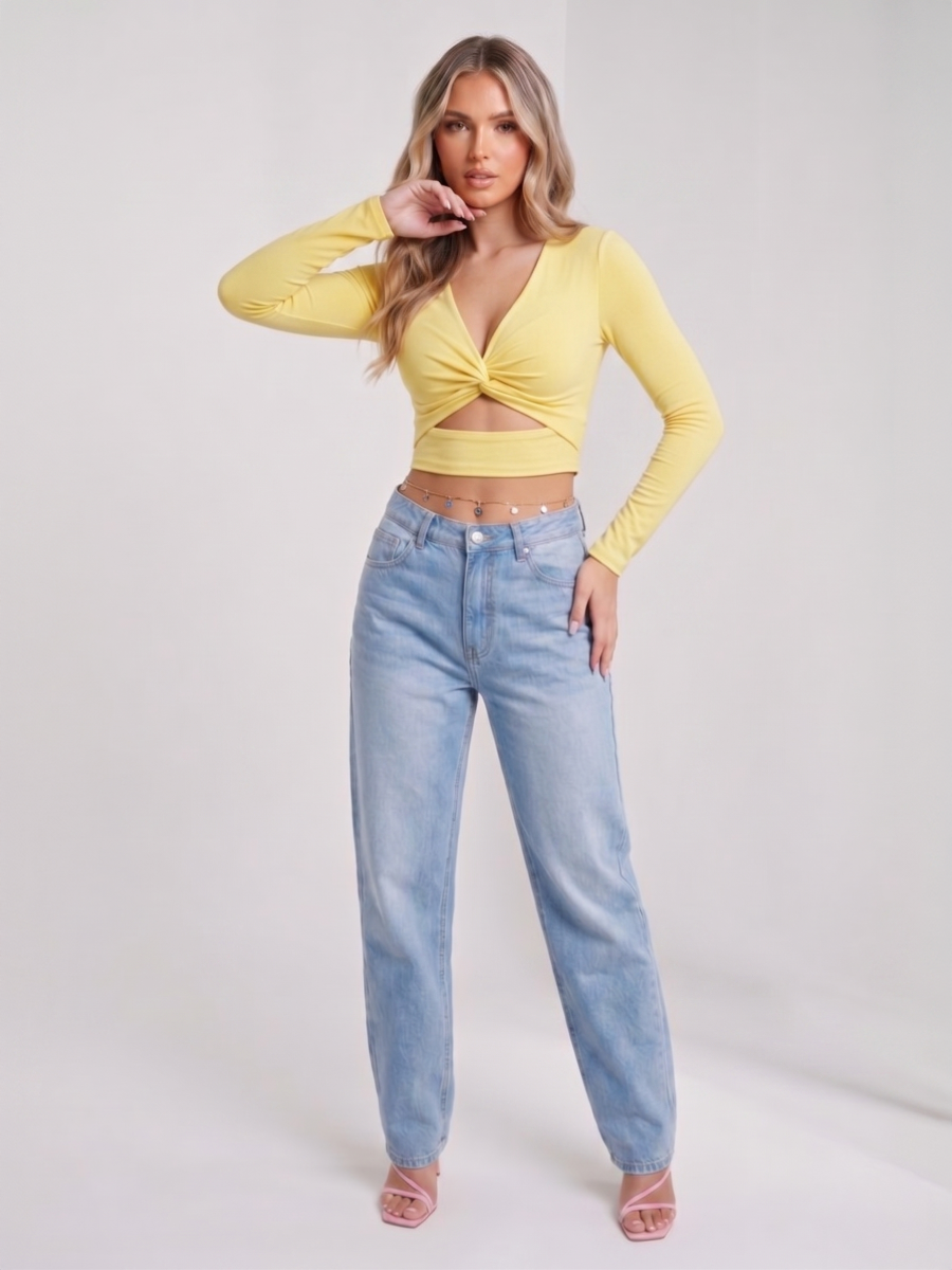 Long Sleeves Twist Knot Cut Out Crop Top