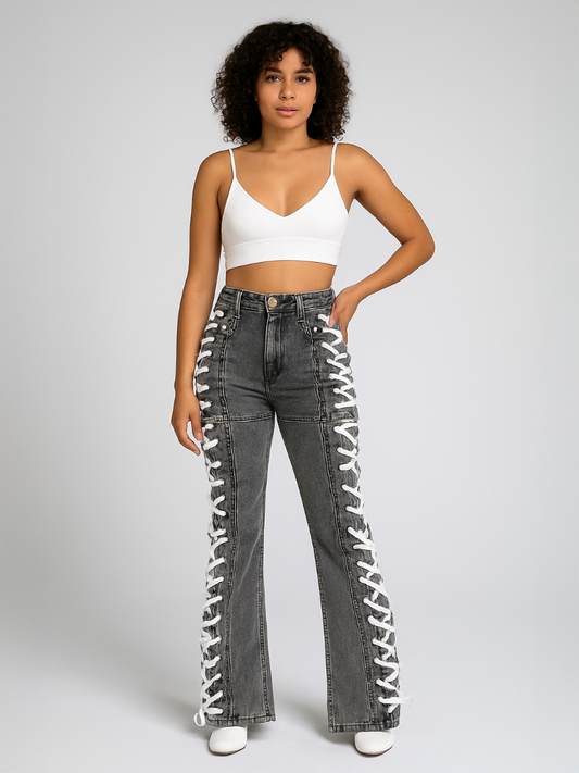 Side Eyelet Lace Up Detail Denim Jeans