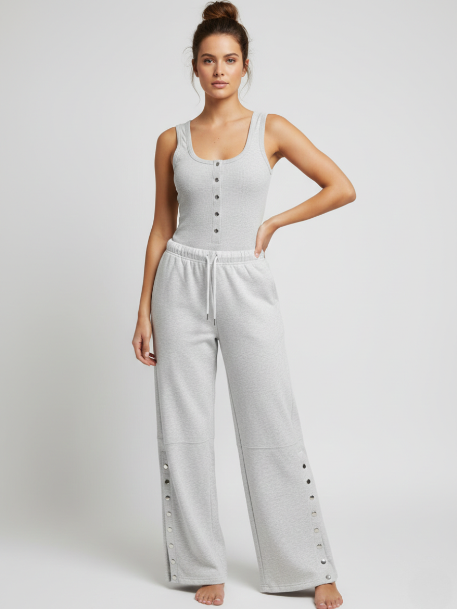 Button Detail Ribbed Bodysuit & Fleece Jogger Set