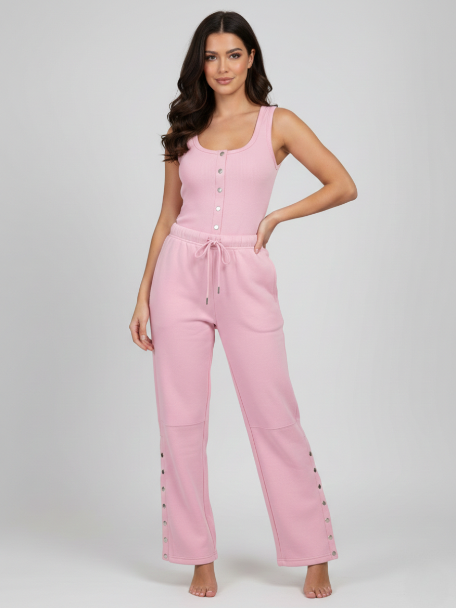 Button Detail Ribbed Bodysuit & Fleece Jogger Set
