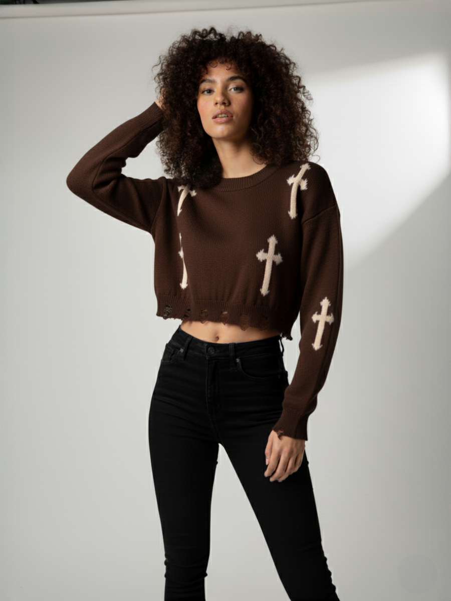 Crucifix Detail Knitted Cropped Jumper