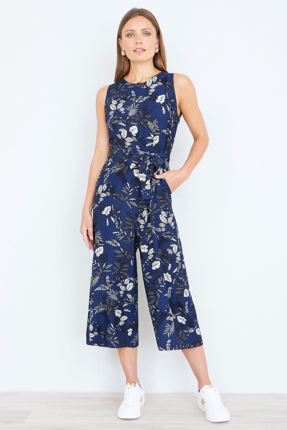 Yumi Navy Leaf Culotte Jumpsuit