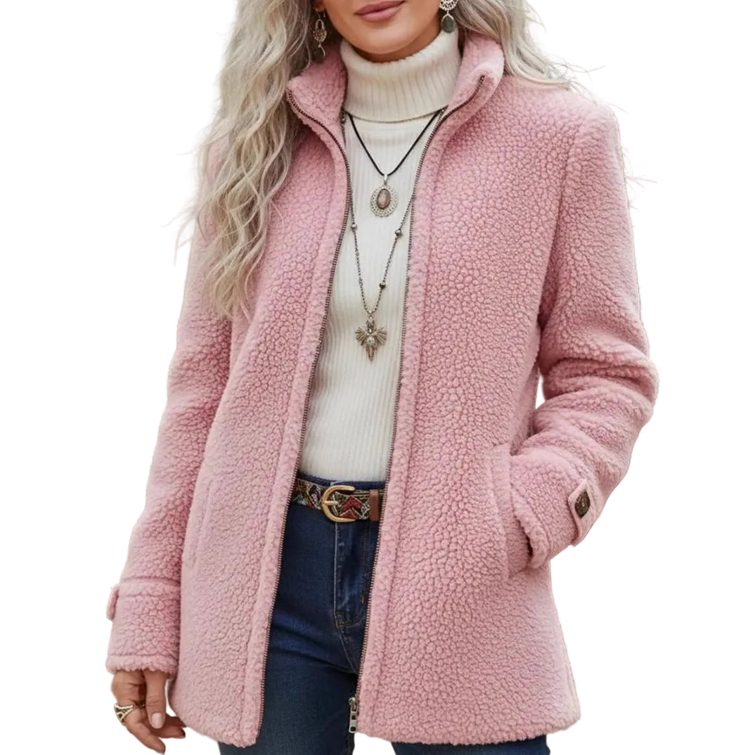 Fleece Zip-Up Jacket Women's Stand Collar Solid Color Loose Fit Casual Long Sleeve Outerwear Clothing