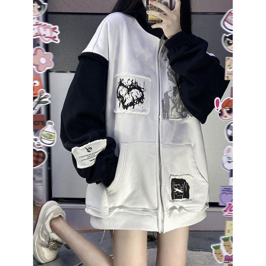 Vintage Black And White Colorblock Trend Appliqu Loose Cardigan Top