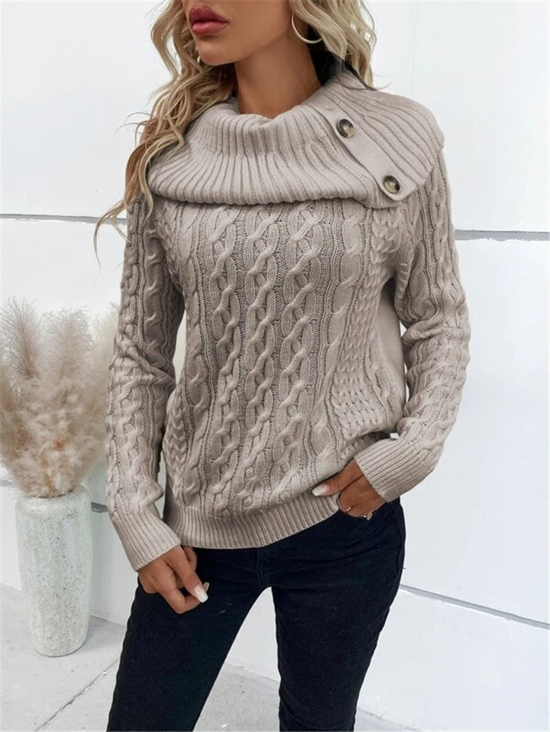 Twisted Knitted Turtleneck Buttons Raglan Sleeve Sweater