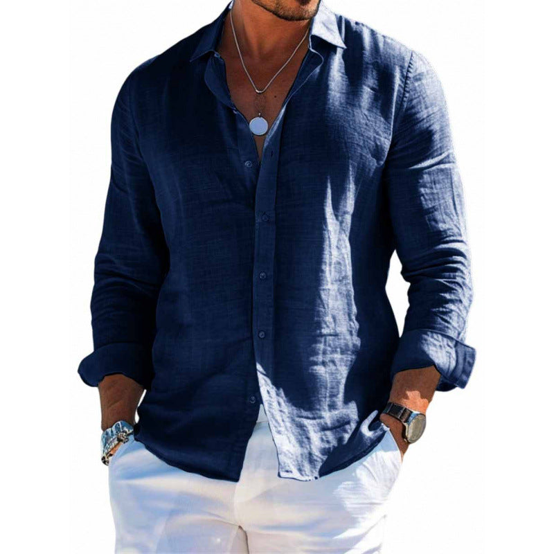 Men's Long Sleeve Shirt Casual Loose Lapel Button Top Solid Color Plus Size Blouse Clothing
