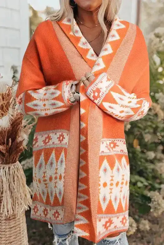 Aztec Open Front Longline Knit Cardigan Women UK