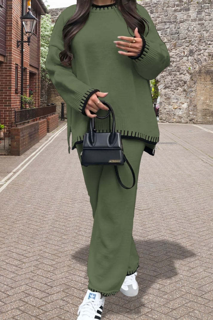 Women's 2-Piece Knitted Co-Ord Lounge Set – Stitched Detail Sweater & Pants Outfit