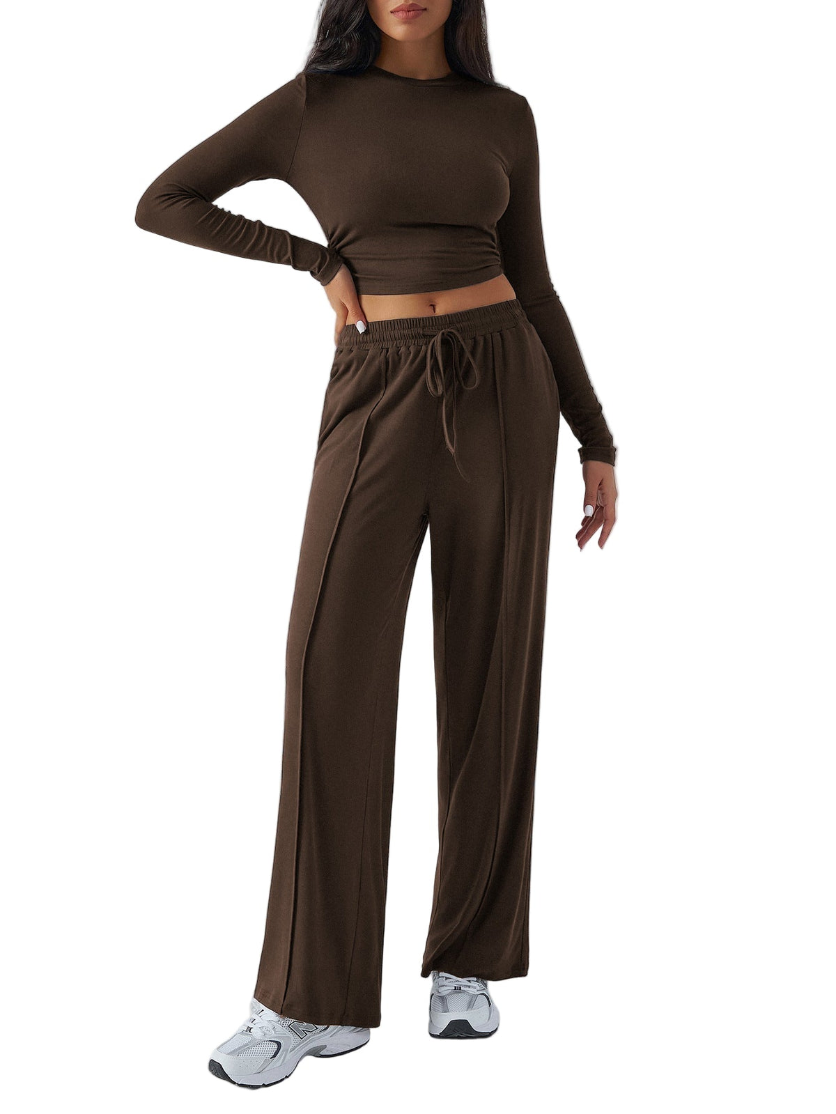 Women’s Wide-Leg Trousers & Waist-Tight Top Set – Solid Color Casual Fashion Suit