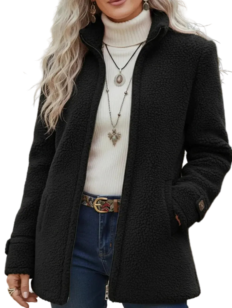 Fleece Zip-Up Jacket Women's Stand Collar Solid Color Loose Fit Casual Long Sleeve Outerwear Clothing
