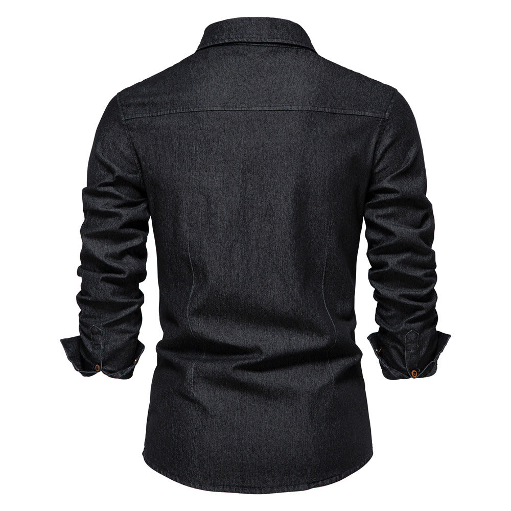 Men's Long-sleeved Denim Shirt Casual Solid Button Slim Tops Clothing