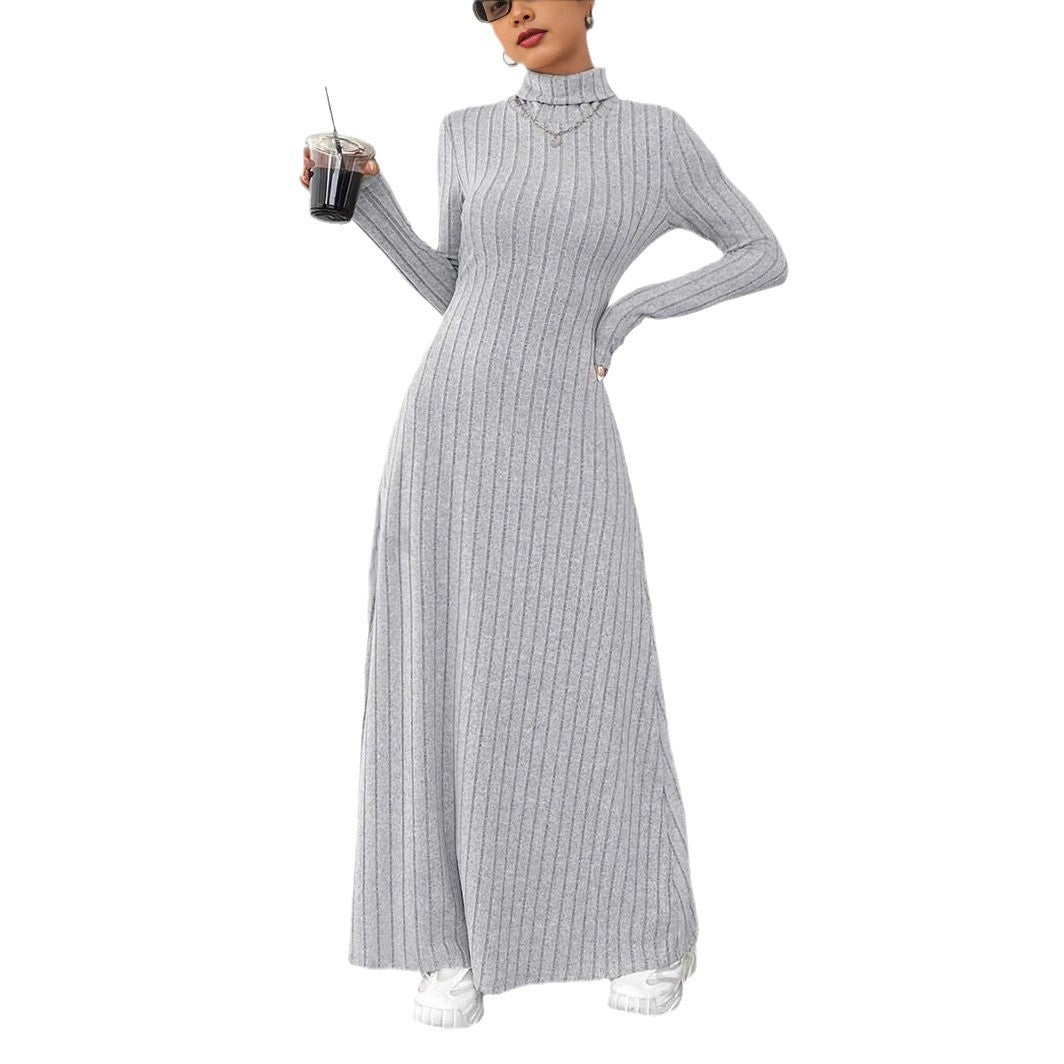 Women's Slim Fit Turtleneck Rib Fabric Brushed Long Sleeve Dress