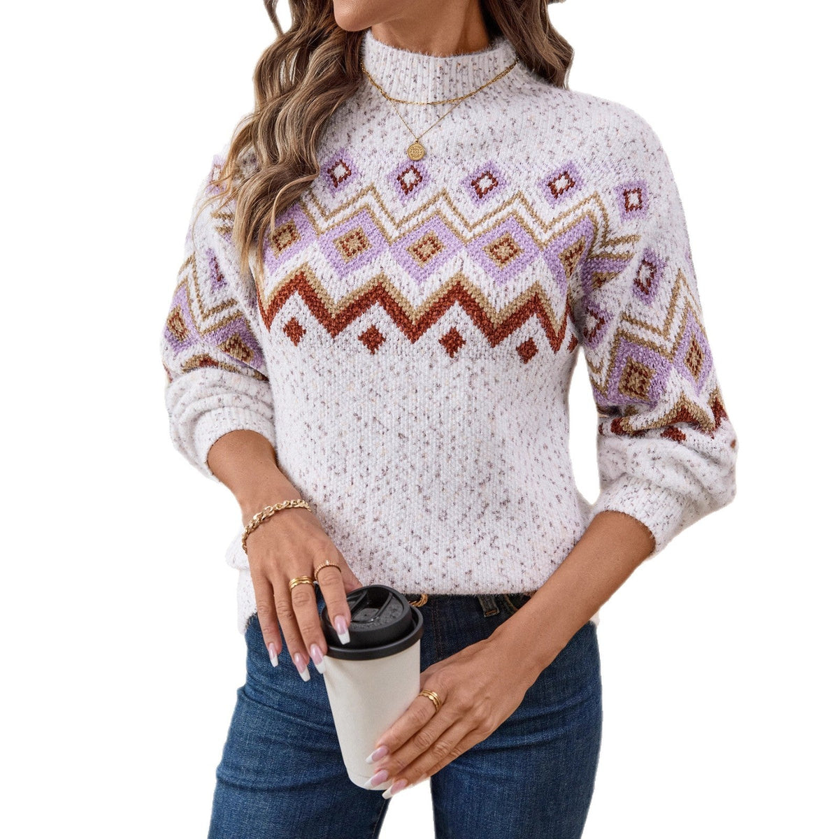 Half Turtleneck Jacquard Long Sleeve Casual Loose Sweater