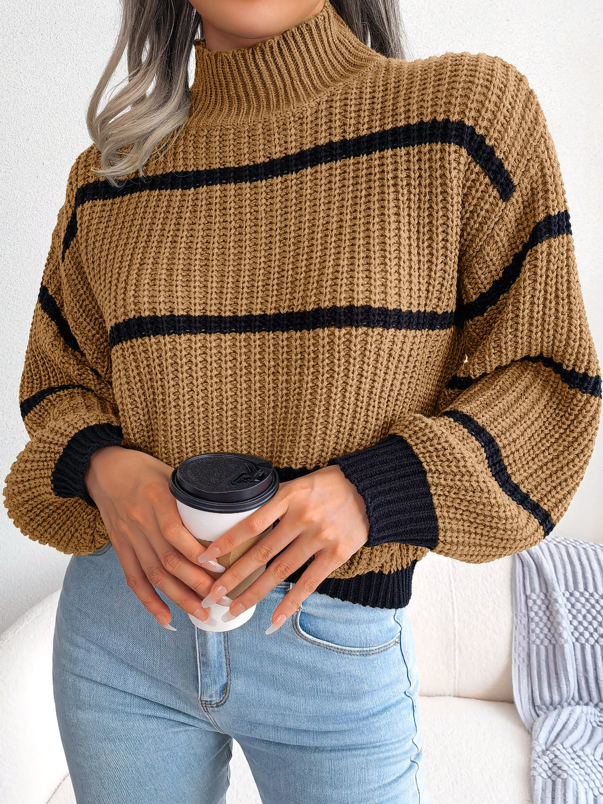 Women Casual Striped Lantern Sleeve Half Turtleneck Knit Sweater