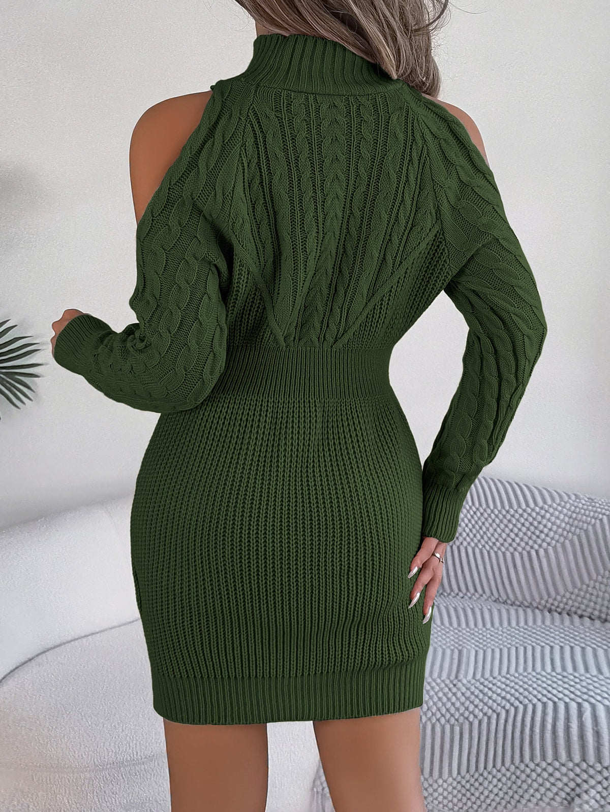 Women Casual Off-Shoulder Half Turtleneck Cable Knit Lantern Sleeve Bodycon Sweater Dress
