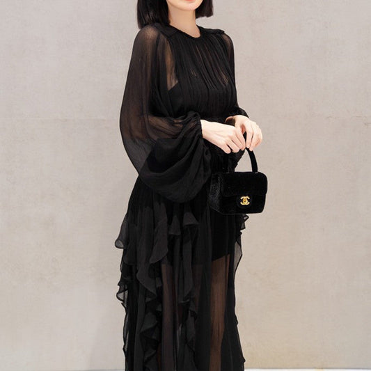 Ladies Long Sleeve Pleated Backless Mock Neck Versatile Dress