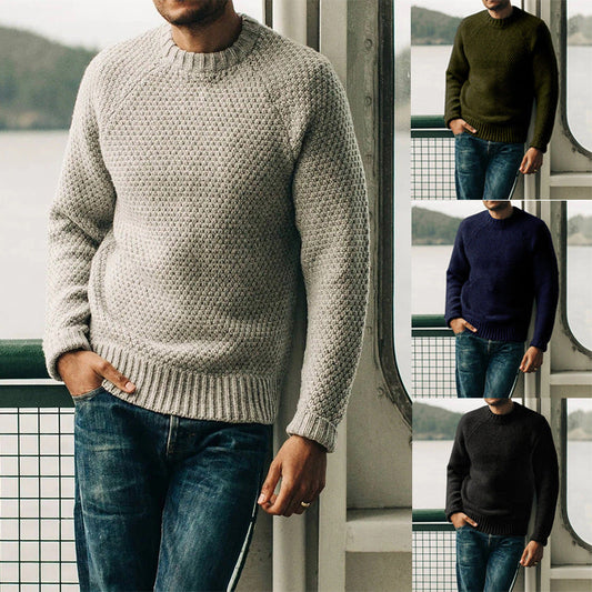 Men's Round Neck Knitted Jumper - Solid Colour Winter Casual Pullover