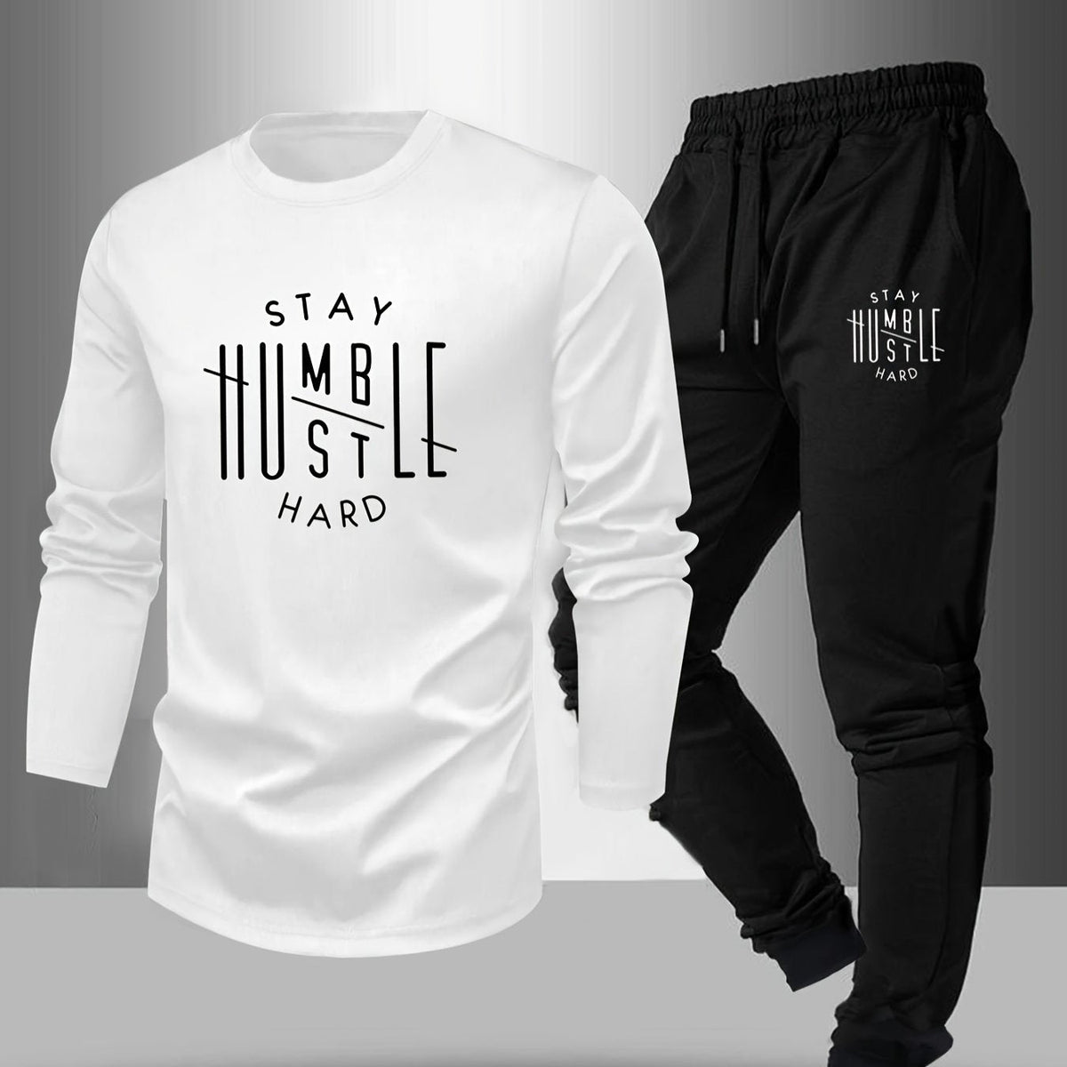 Men’s “STAY HUSTLE HARD” Long Sleeve T-Shirt & Jogger Set – 2-Piece Casual Outfit with Bold Print, Stretch Fabric, and Elastic Waistband for Spring/Fall