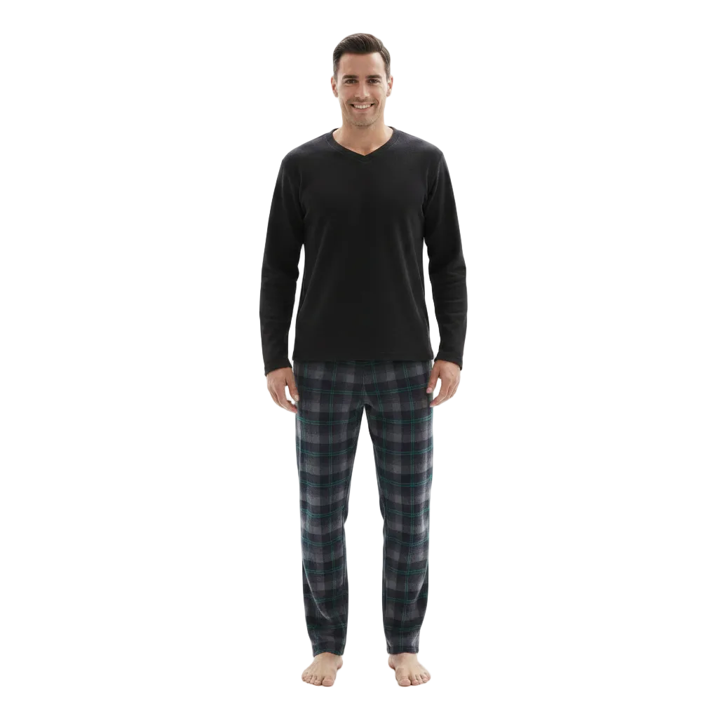 Men's Checkered Pyjamas Loungewear Fleece Top and Cotton Bottoms