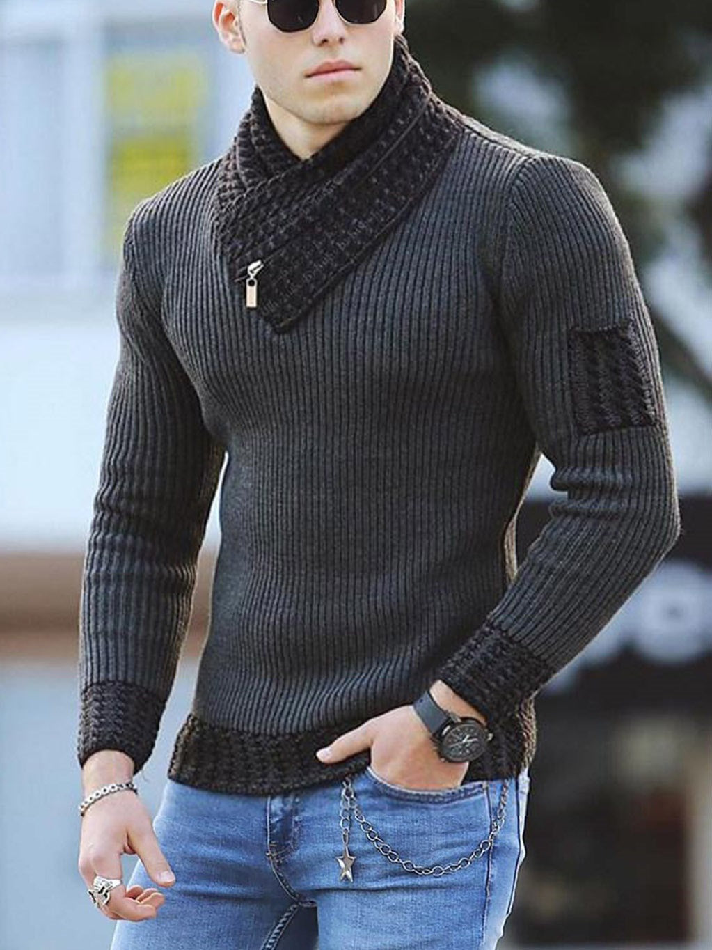 Men's Slim Knit Pullover Sweater with Scarf Collar – Long Sleeve Casual