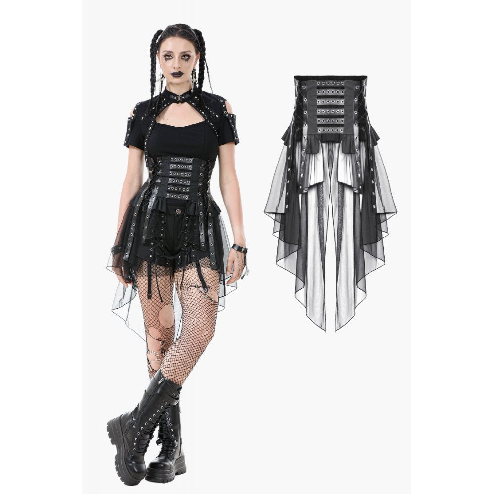 Dark in Love Draven Layered Mesh & Faux Leather Waist Cincher Skirt