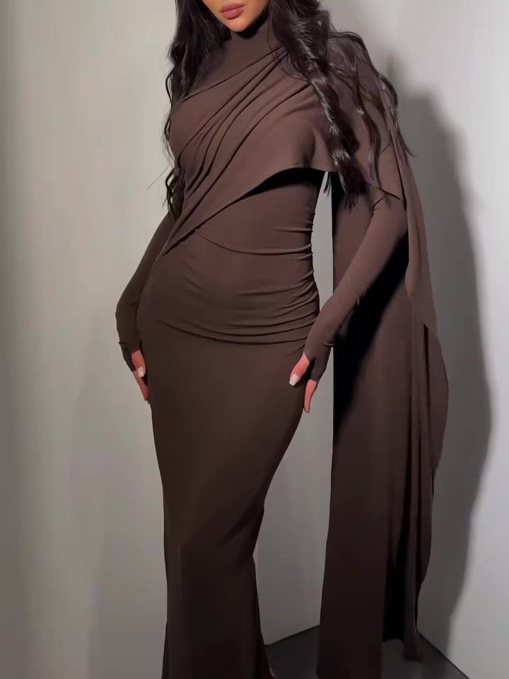 Brown Turtleneck Long-sleeved Slim Dress