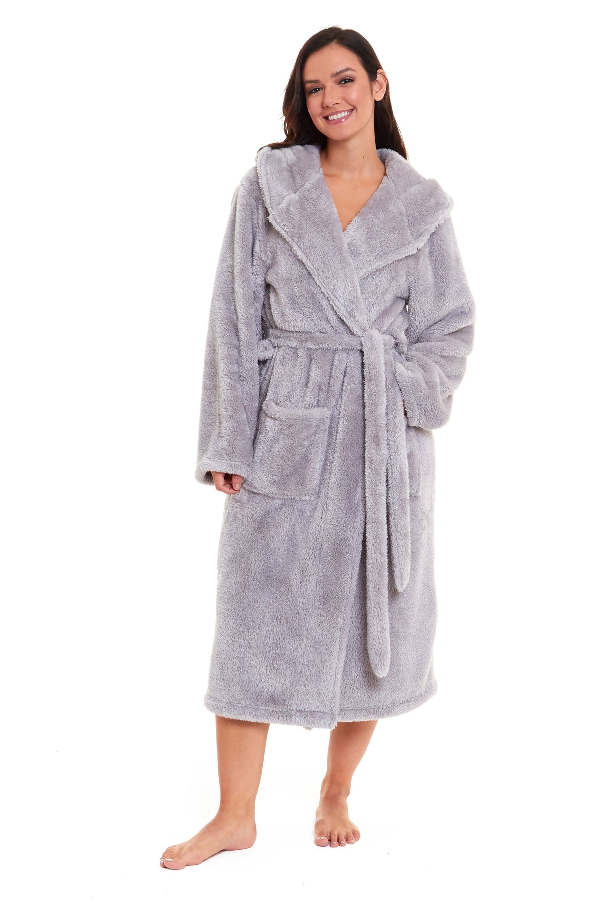 OLIVIA ROCCO Hooded Robe Women Grey Velvet Touch Fleece Soft Durable