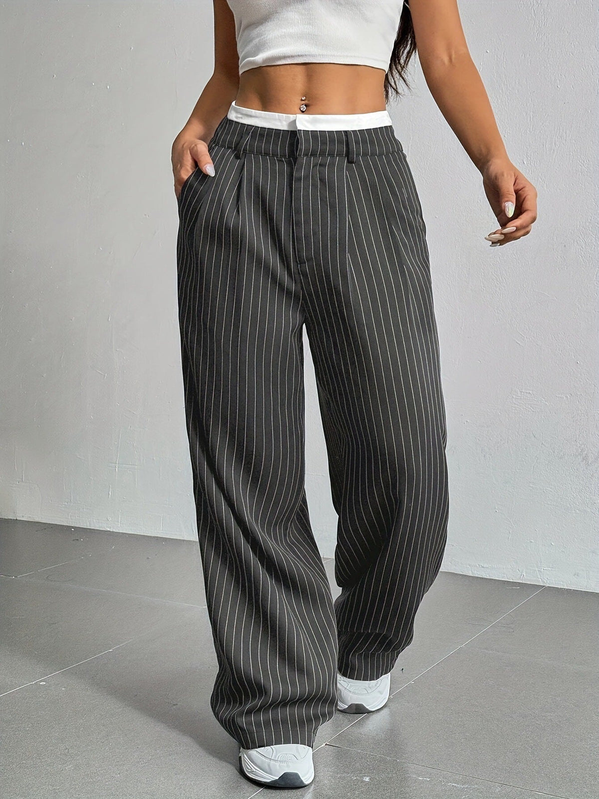 Women's High Waist Stripe Printed Straight-Leg Trousers – Casual Suit Pants with Zipper & Pockets