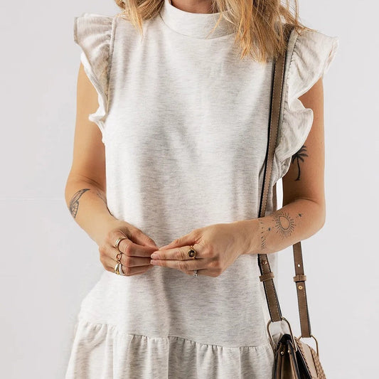 White Flutter Sleeve Crew Neck  Dress