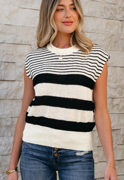 Black White Striped O Neck Sweater Vest