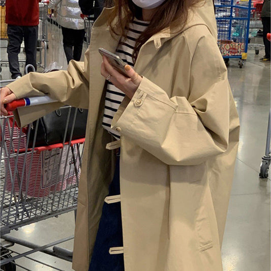 Sweet Girly Temperament Mid-length Hooded Trench Coat Women