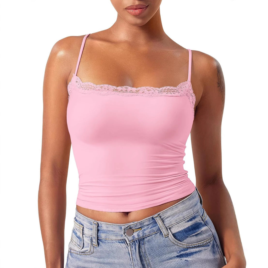 Women’s Lace Camisole – Sexy Square Collar Sleeveless Top, Elegant Summer Tank