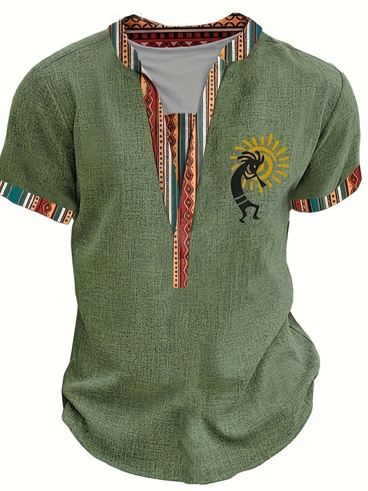 Men's Stylish Green Henley Shirt with Vibrant Tribal Pattern - Casual Short Sleeve V-Neck Tee for Summer, Polyester Knit Fabric, Casual V-neck Shirt