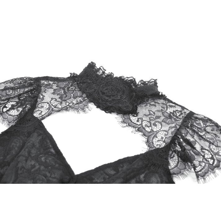 Black Floral Lace High-Neck Gothic Shoulder-Mantle Corset Top