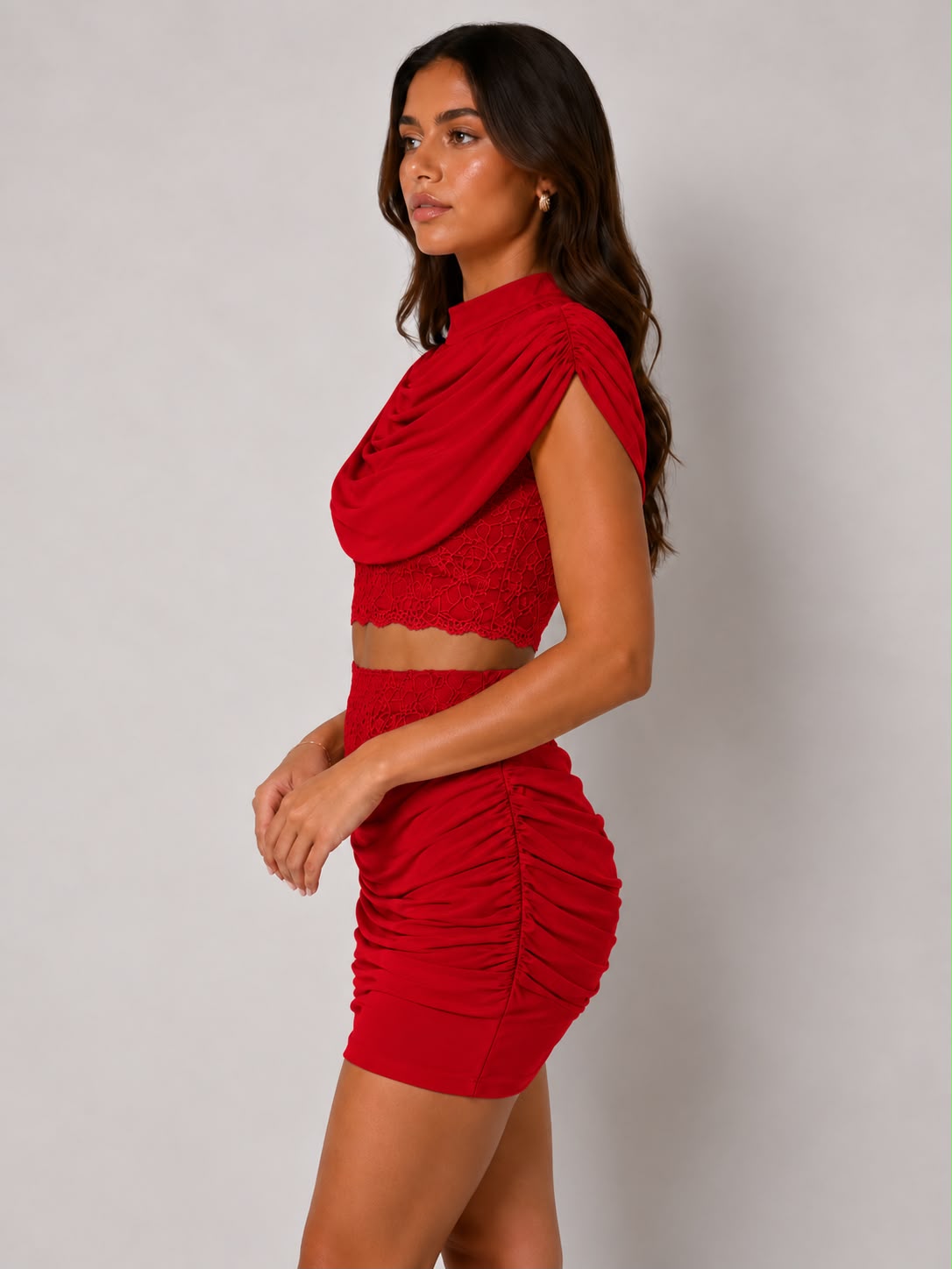 Draped High Neckline Lace Detail Top & Skirt Co-Ord