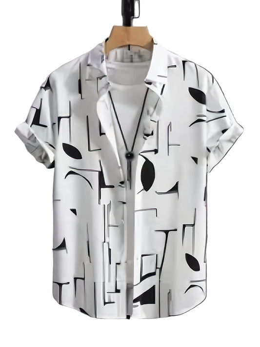New Men's Casual Abstract Geometric Print, Button-Up Collar, Machine Washable Summer Shirt