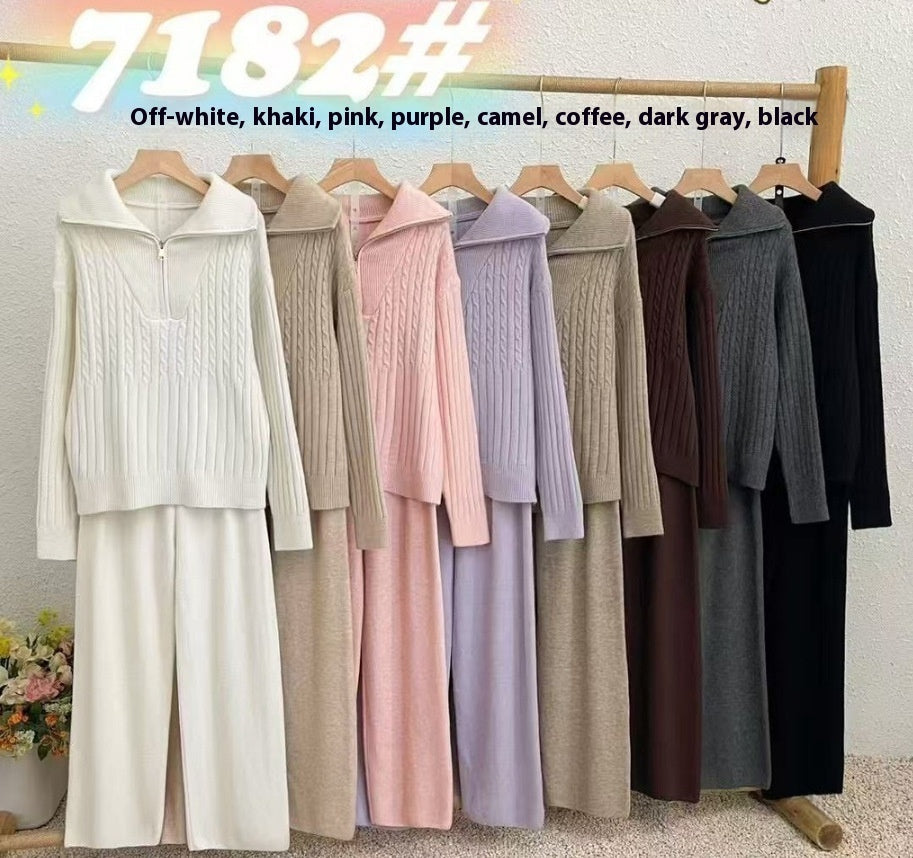 Turtleneck Zipper Lapel Pullover Long Sleeve Sweater Wide Leg Pants Two-piece Set