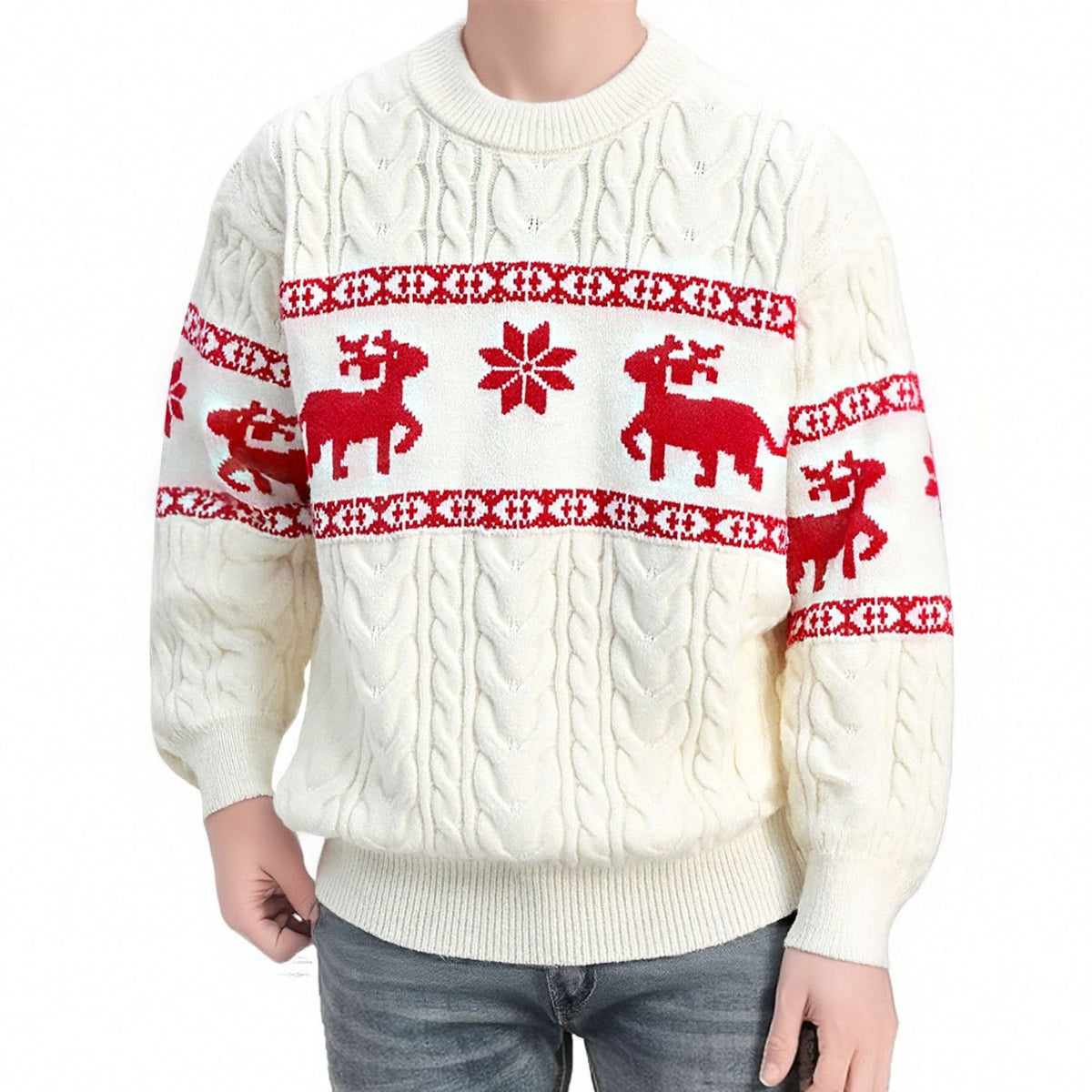 Men's Ugly Christmas Deer Knitted Sweater – Thick Warm Round Neck Pullover